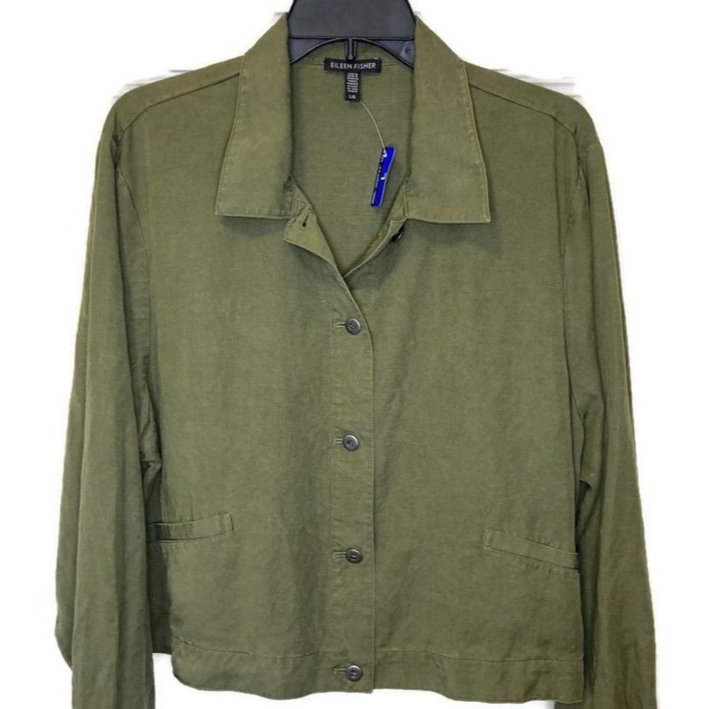 NWT Eileen Fisher Size Large Green Linen Long Sleeve Button Down Cardigan Jacket